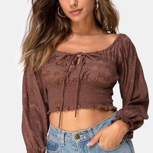 MOTEL ROCKS MILKMAID LANCER LONG SLEEVE CROP TOP SATIN ROSE CHOCOLATE